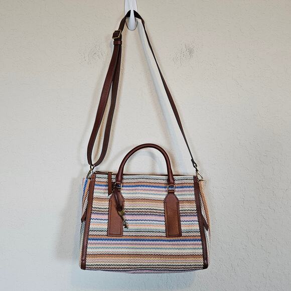 Fossil Parker Leather Satchel Purse Handbag Zig Zag Colorful Stripes Boho - Picture 2 of 12